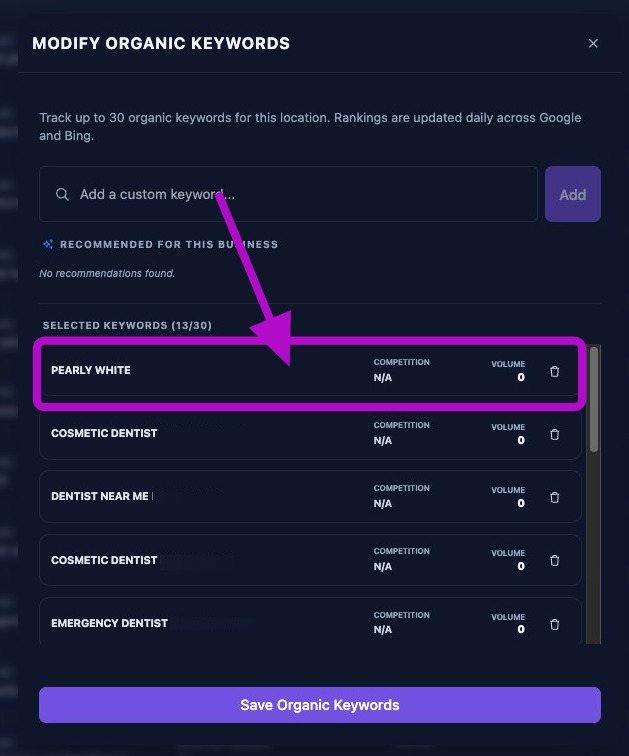 Screenshot showing an added organic keyword in the selected list