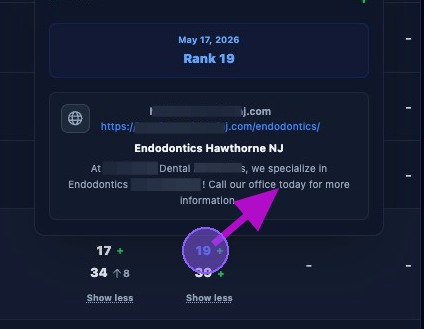 Screenshot showing webpage ranking hover details