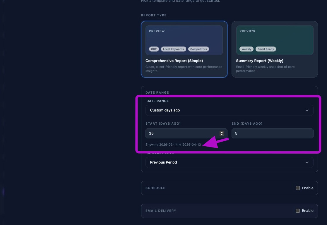 Screenshot showing custom report date range fields
