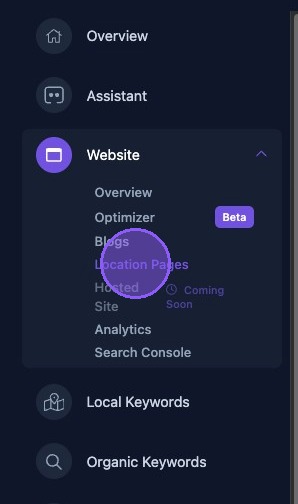 Screenshot showing the Location Pages selection in the Website dashboard menu