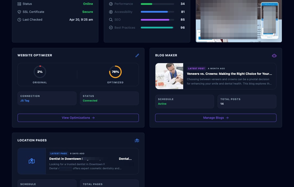 Screenshot showing Website Overview page widgets