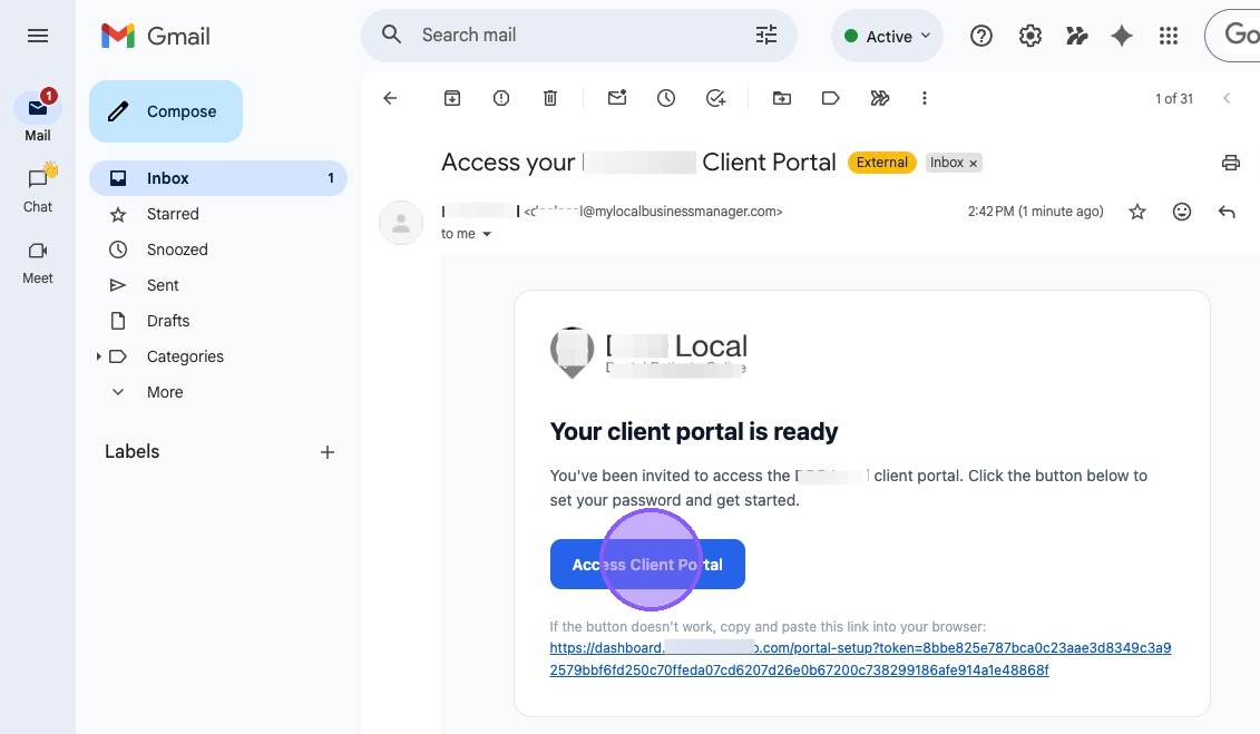 Screenshot showing the client portal invitation email