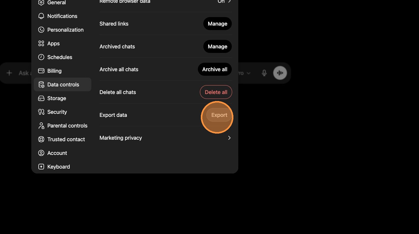 ChatGPT Export data section with the Export button