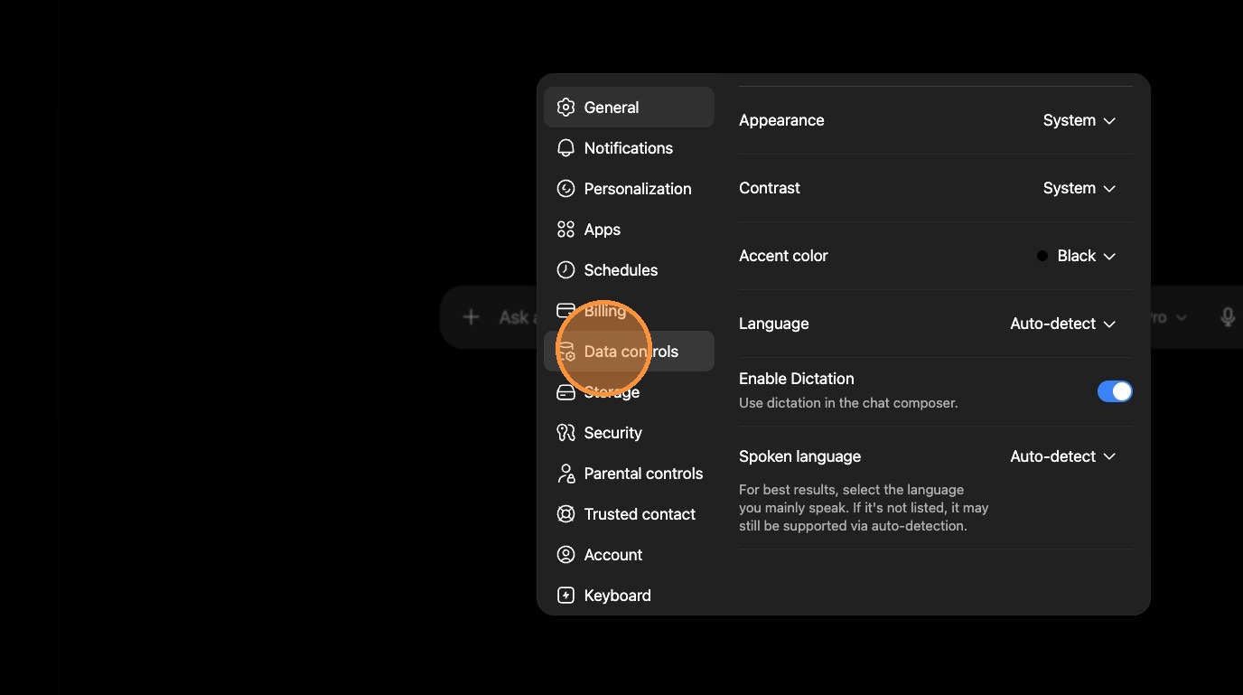 ChatGPT Settings panel with Data controls visible