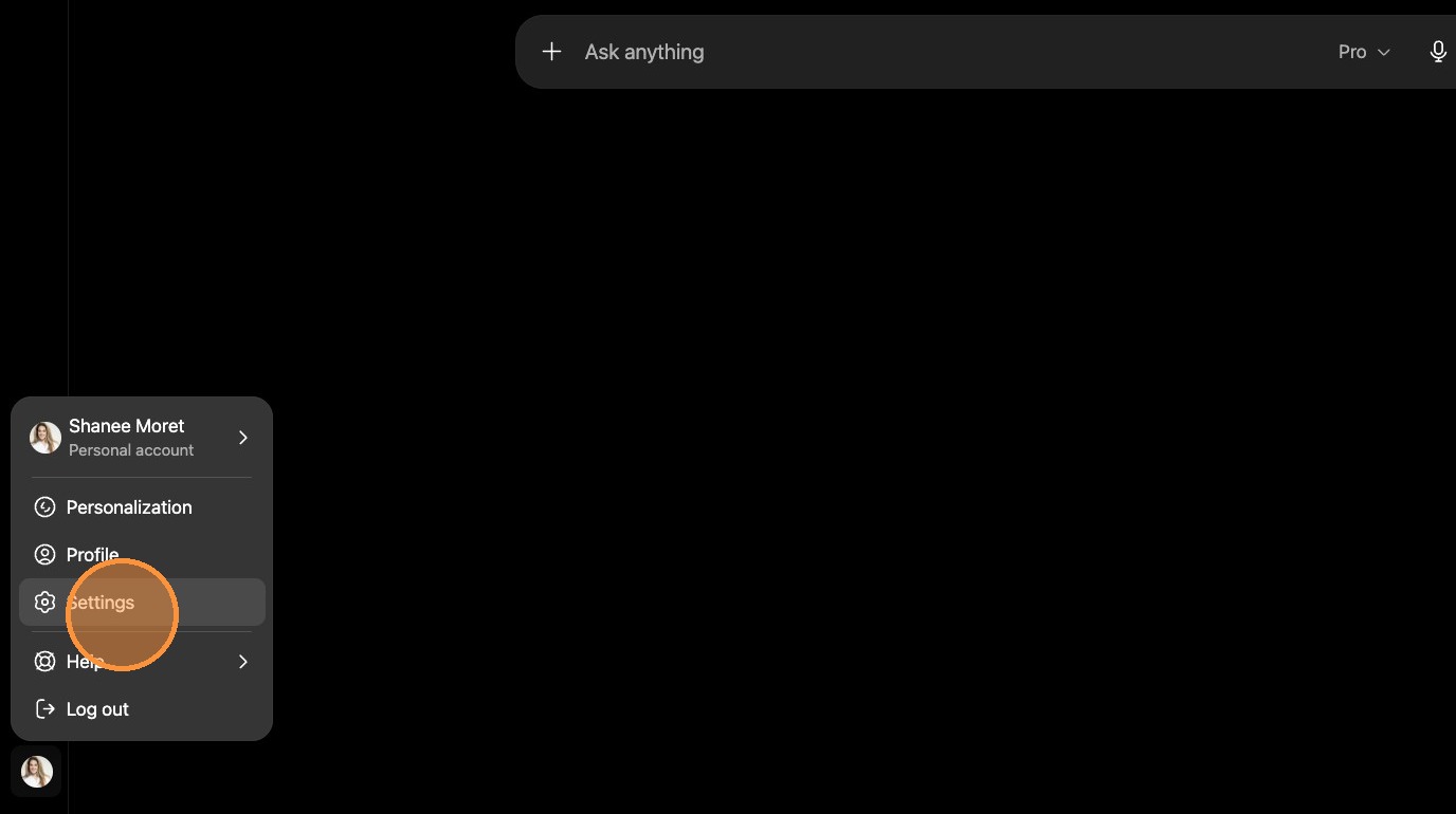 ChatGPT account menu with Settings selected