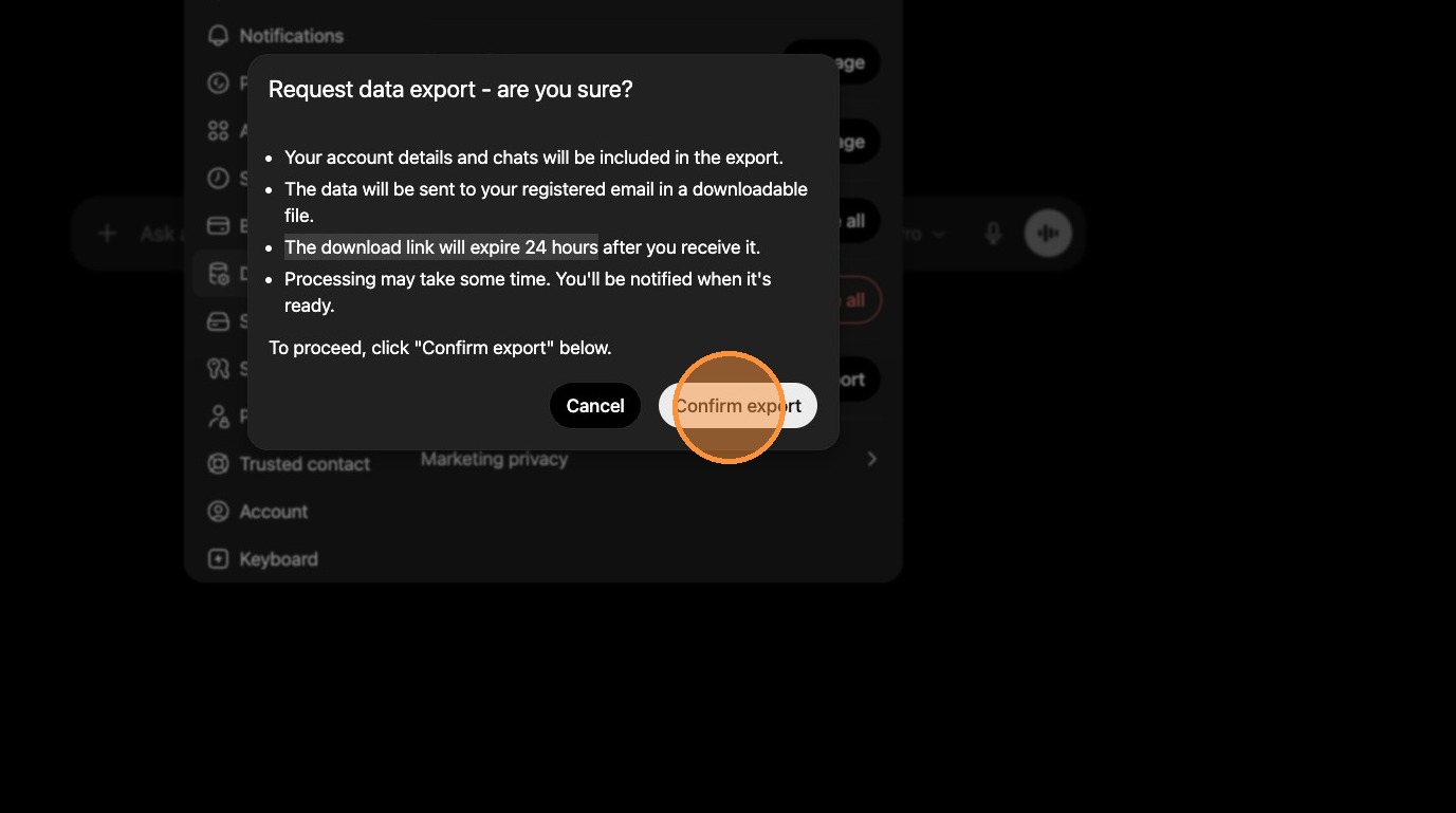 ChatGPT confirmation modal for exporting data