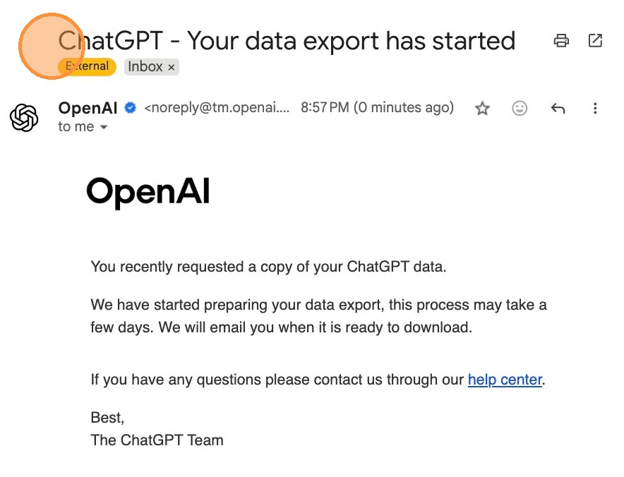 Email inbox showing a ChatGPT data export message