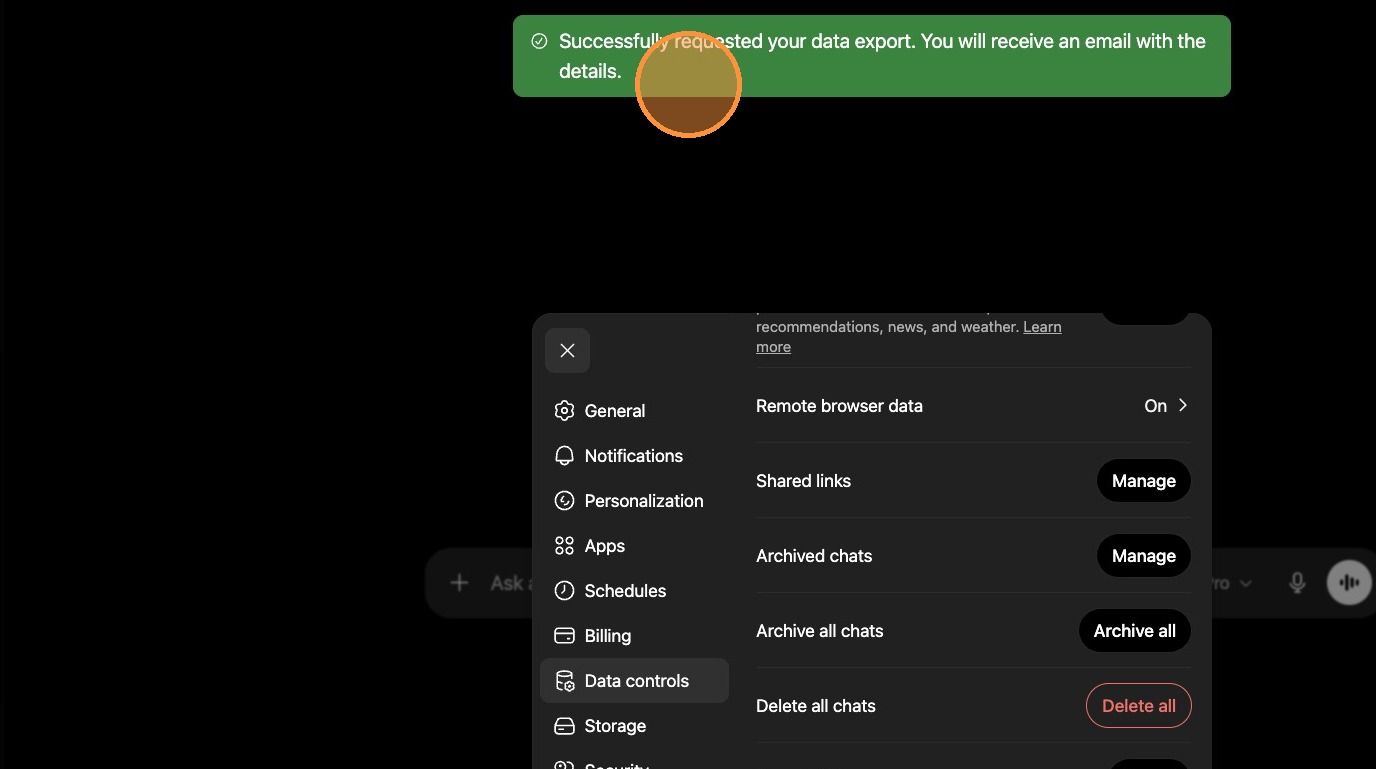 ChatGPT export request success confirmation