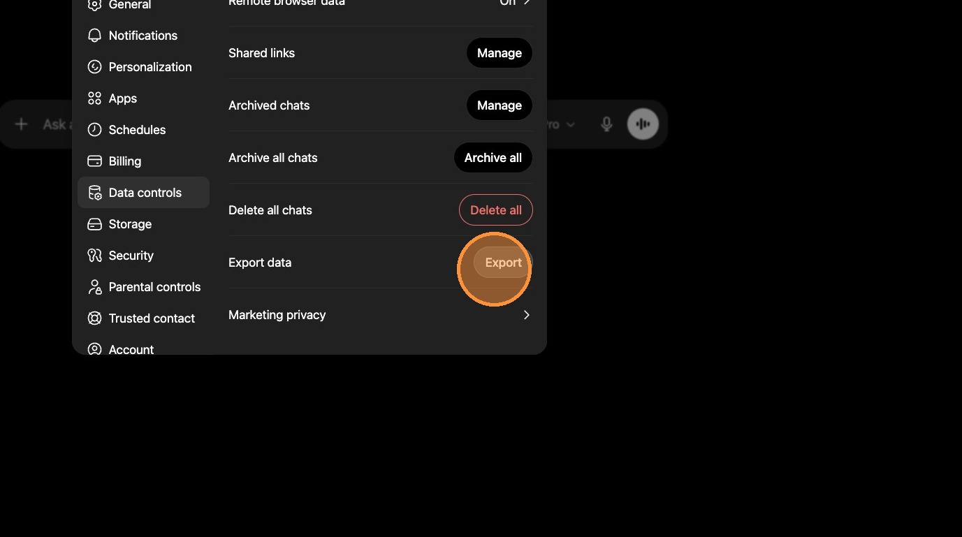 ChatGPT Export button after identity verification