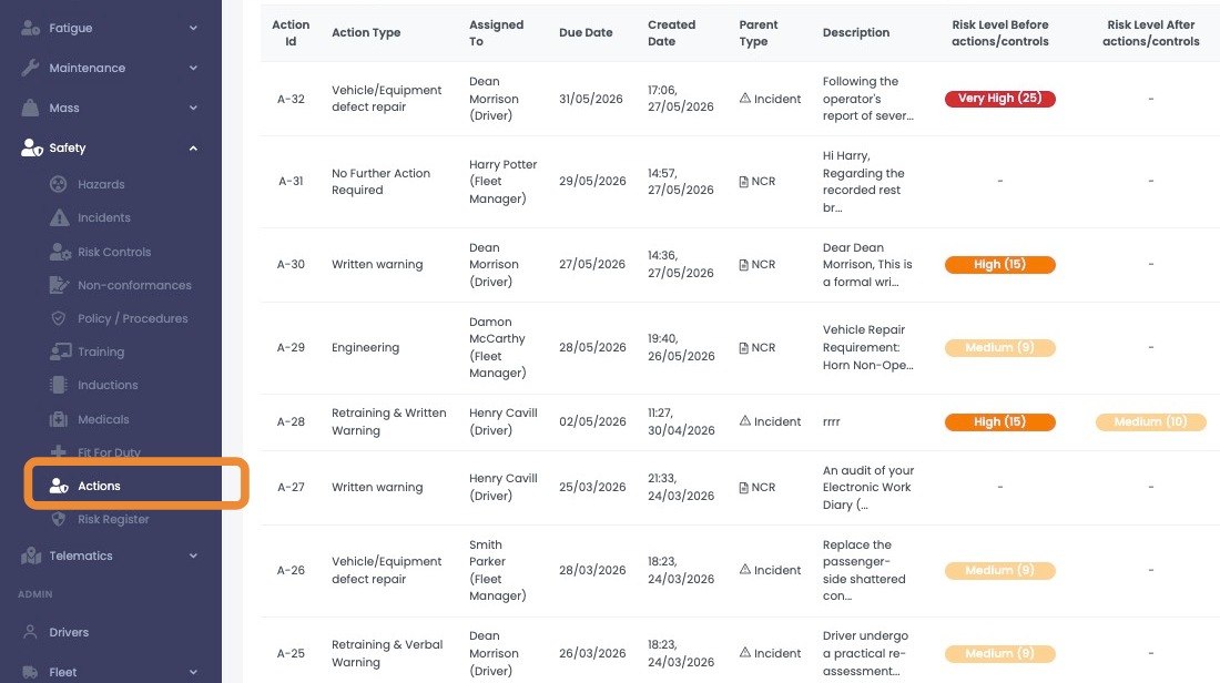 The Actions Register page