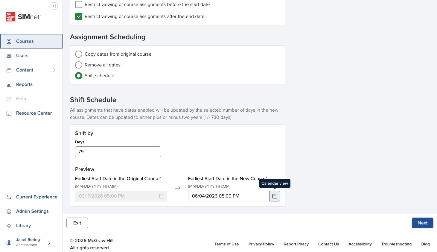 Shift schedule options in the Copy Course form, showing fields to shift by days or choose a new course start date.