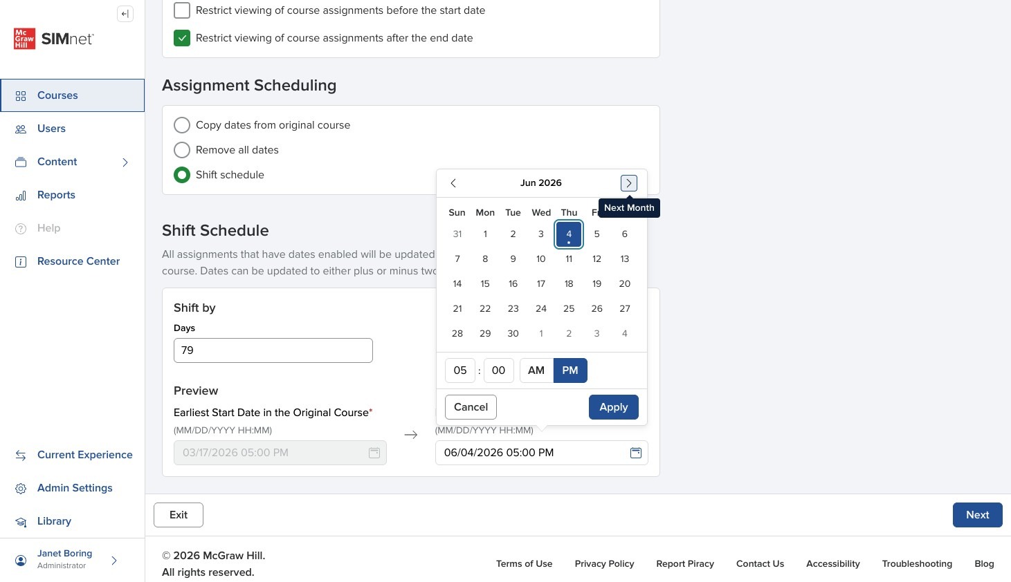 Date picker for Shift schedule new course start date field and Apply button.