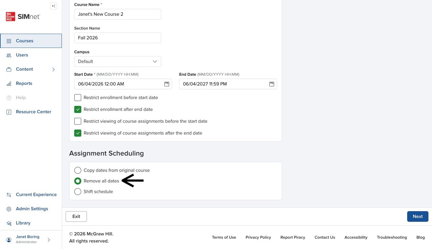 Copy Course form showing scheduling options with an arrow pointing to Remove all dates.