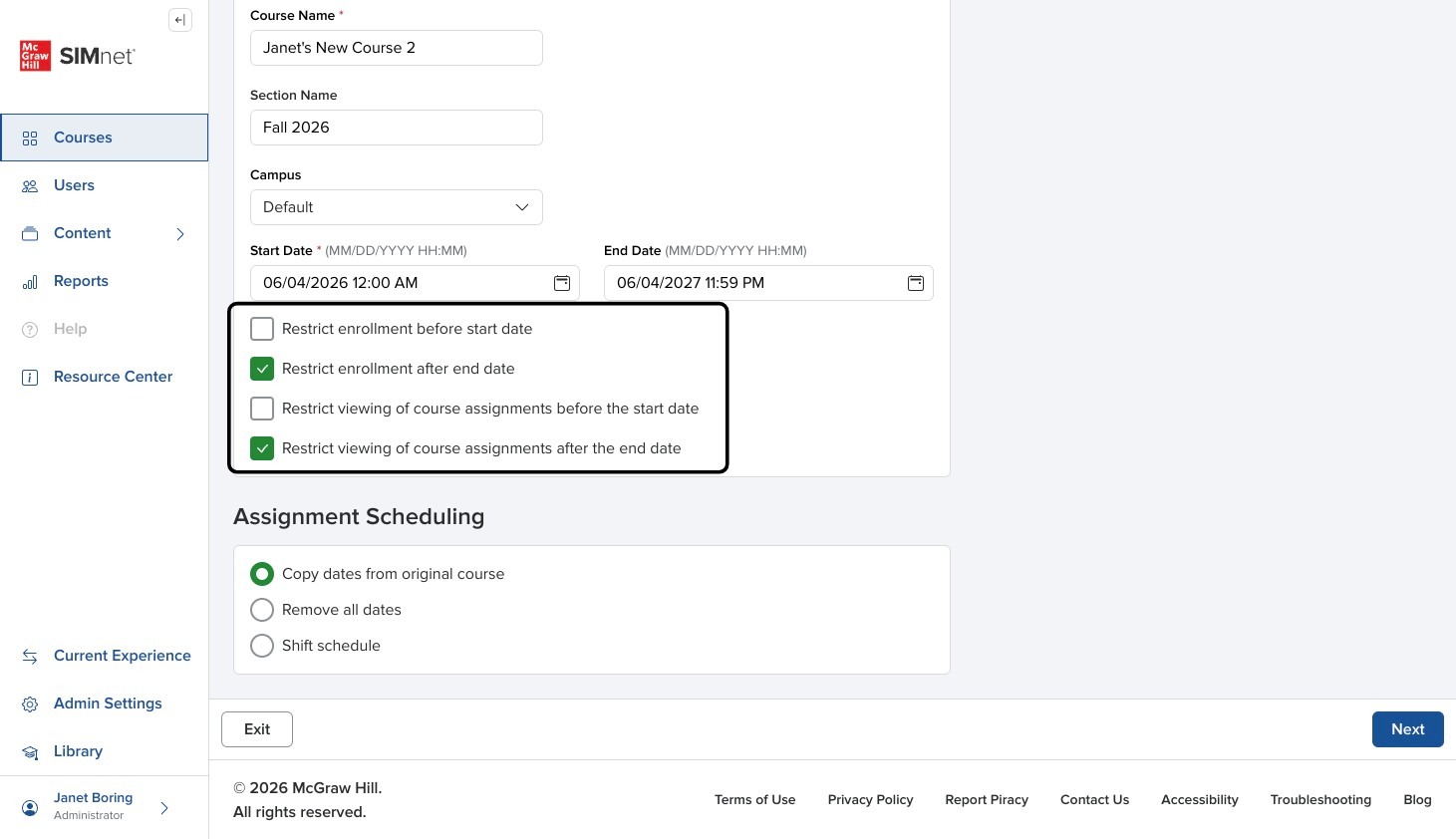 Copy Course form with a highlighted area around restriction settings for enrollment dates and assignment visibility.