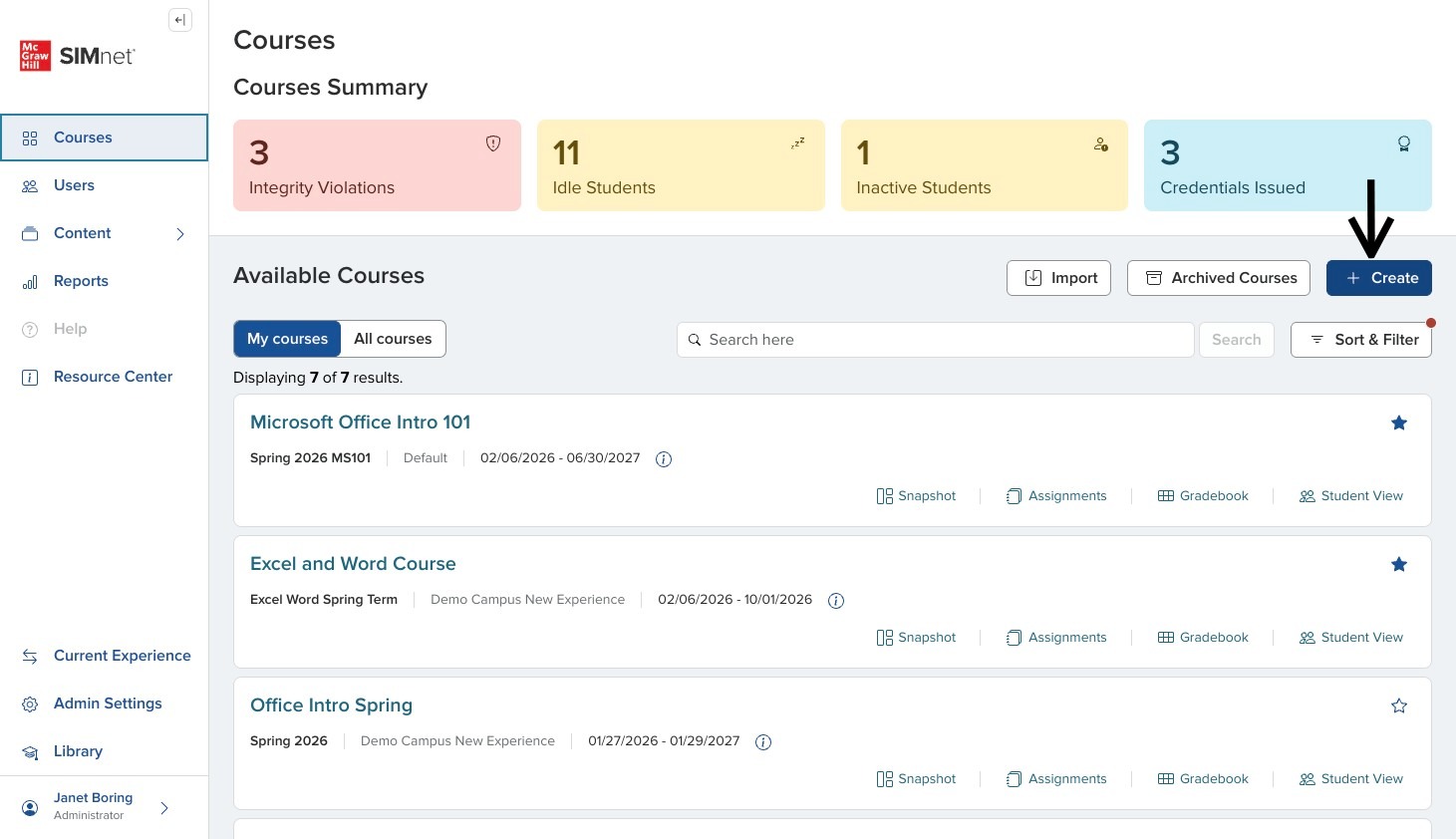 Courses List page with arrow pointing to the Create option for a new course.