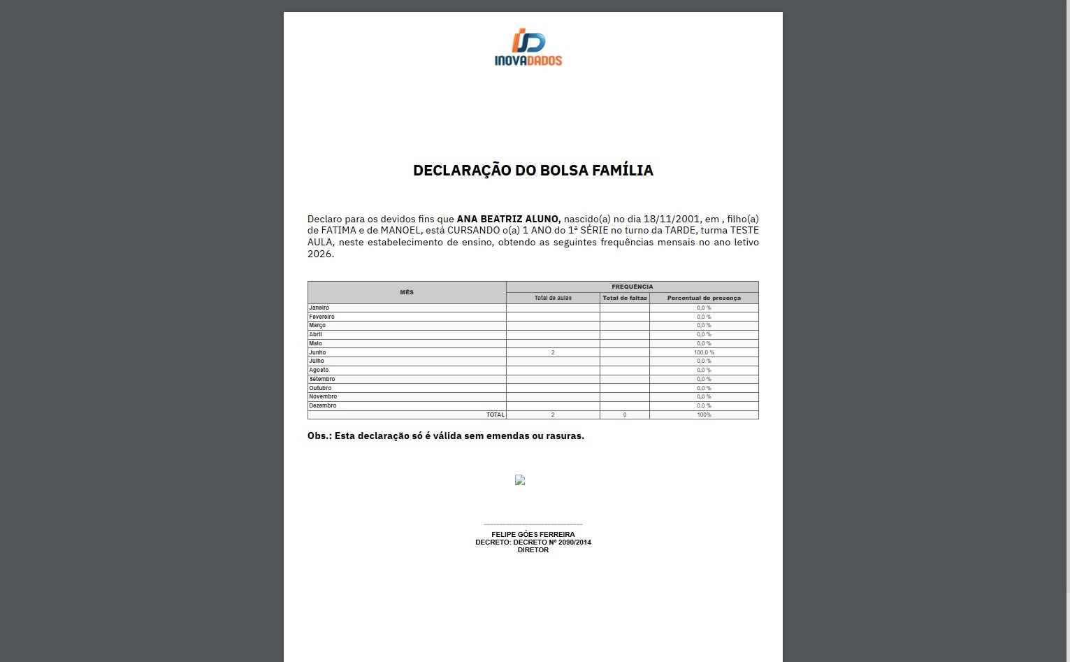 Declaração do Bolsa Família aberta em nova aba para impressão