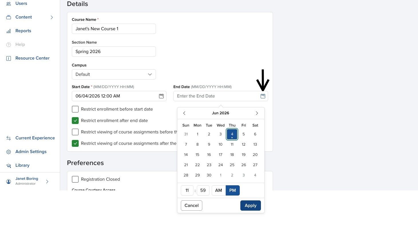 Create Course panel showing the end date setting with arrow pointing to the icon.