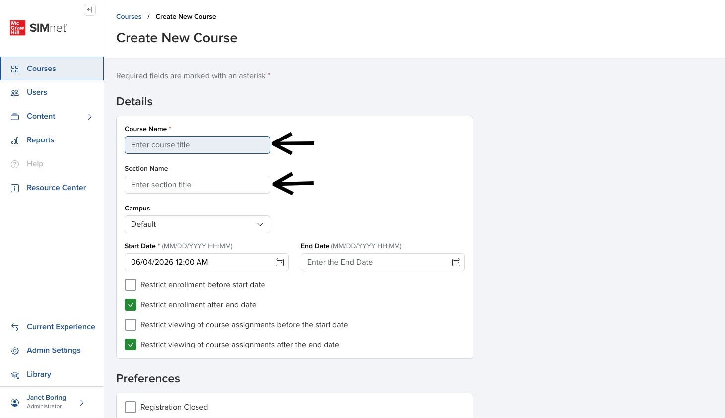 Create Course panel with fields for course name and section name and arrows pointing to them.