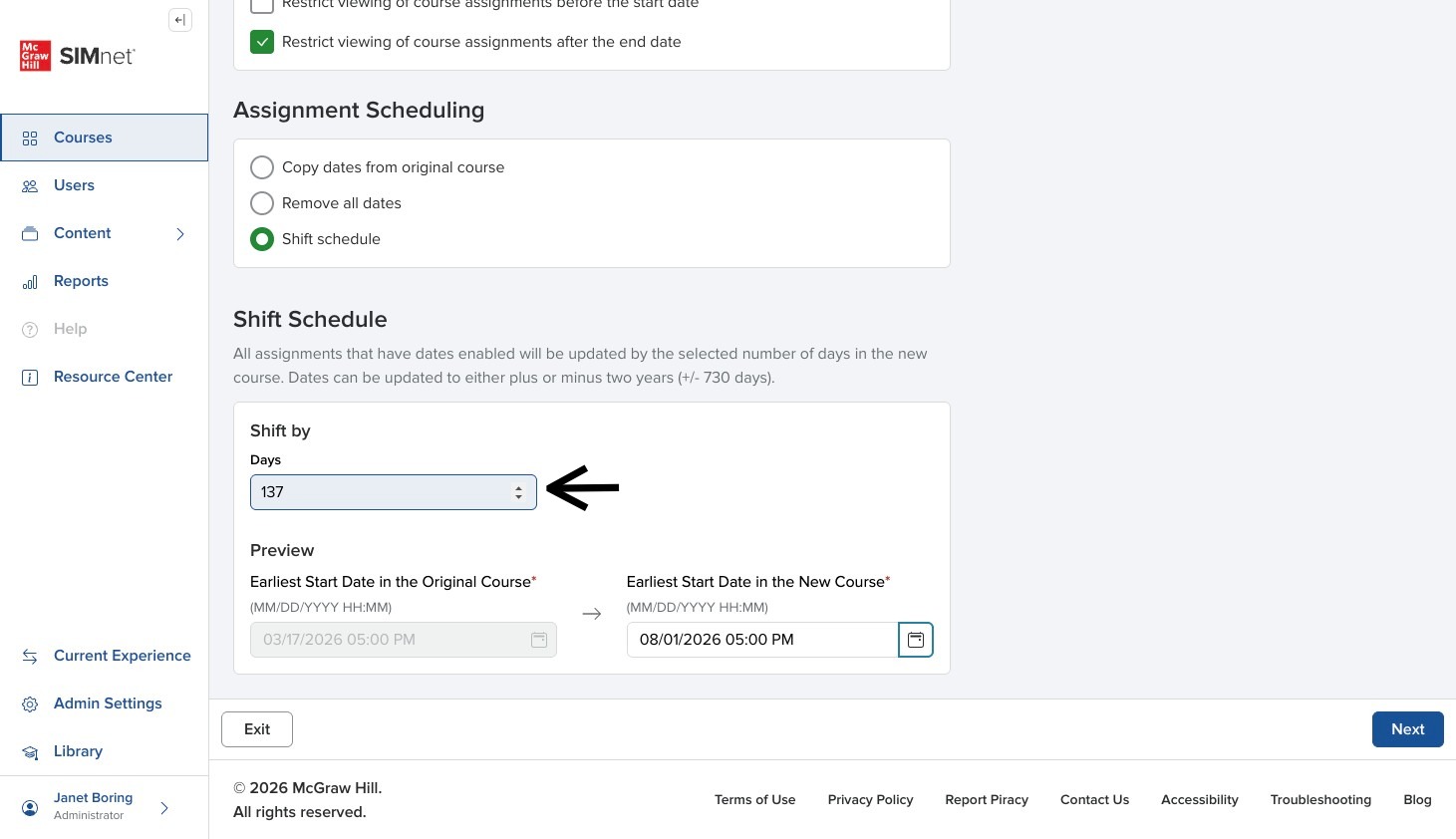 Shift schedule settings showing the automatically updated number of days to shift after selecting the new start date.