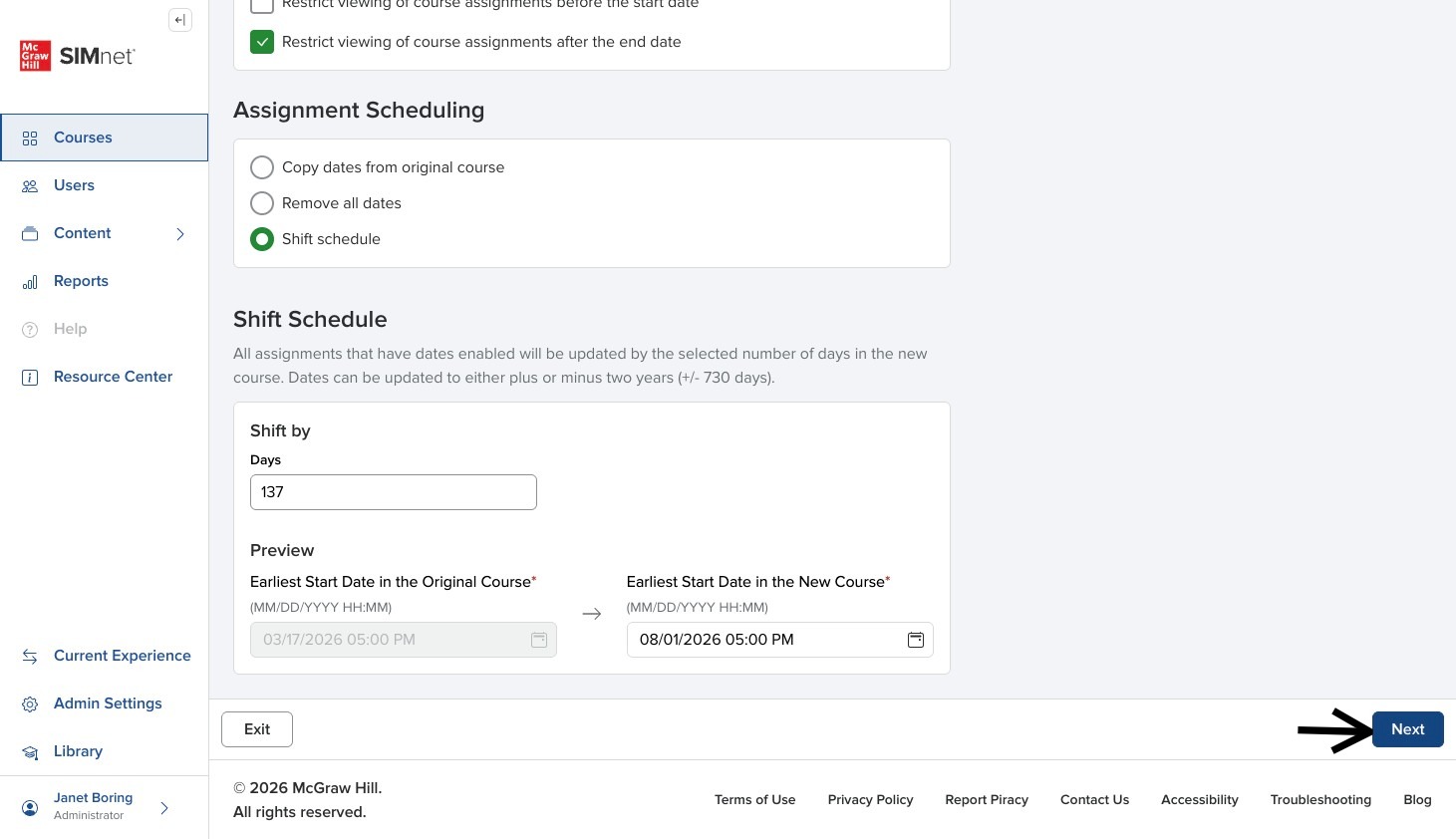 Copy Course form with an arrow pointing to the Next button in the lower-right corner.