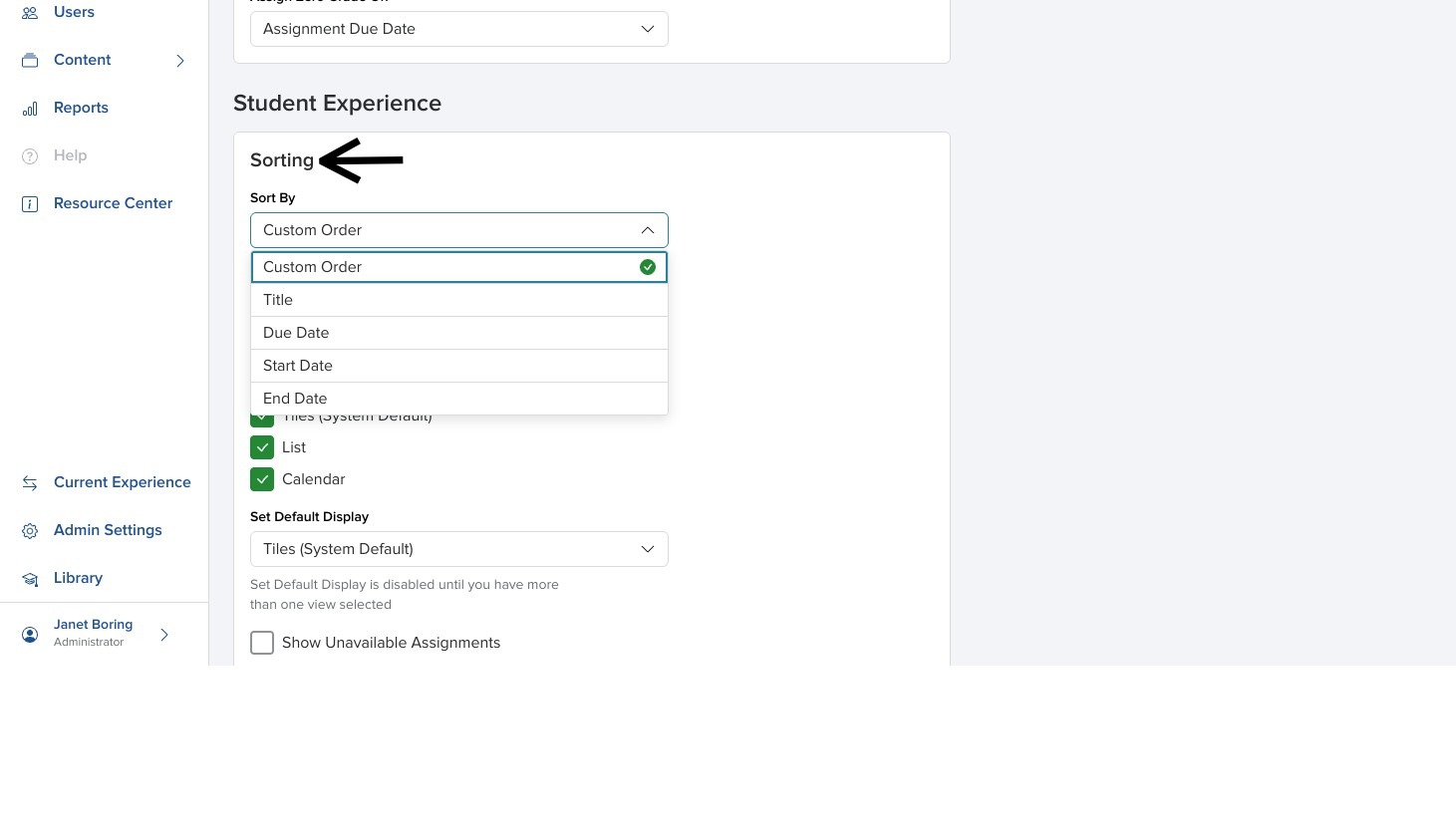 Create Course panel showing assignment sorting options with arrow pointing to them.