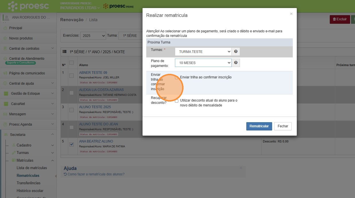 Opção de envio de trilha após inscrição