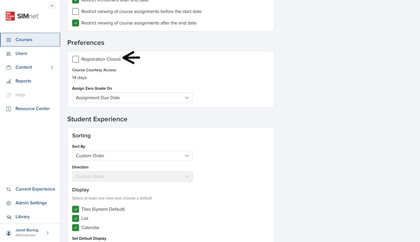 Create Course panel showing the Registration Closed checkbox with arrow pointing to it.