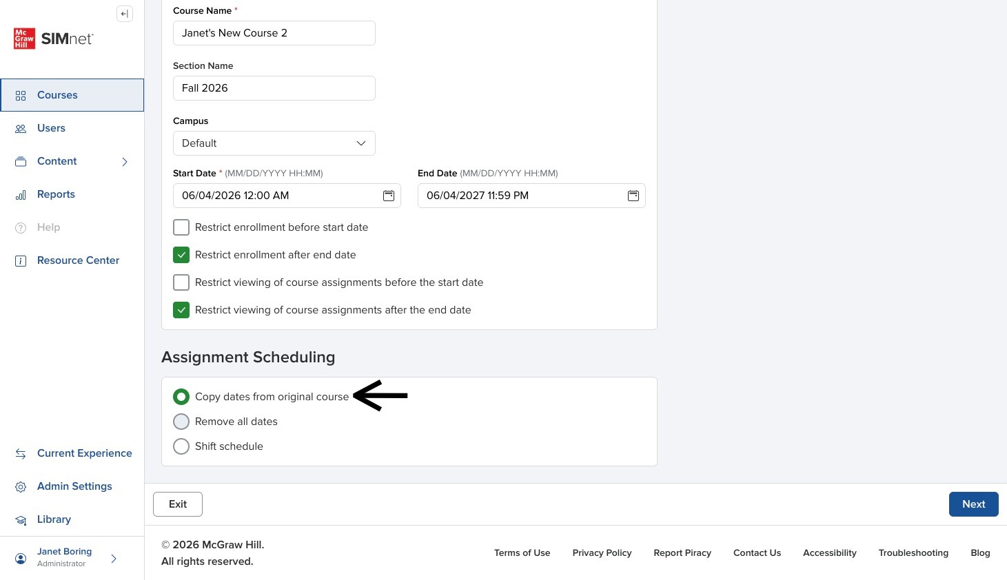 Copy Course form showing scheduling options with an arrow pointing to Copy dates from original course.
