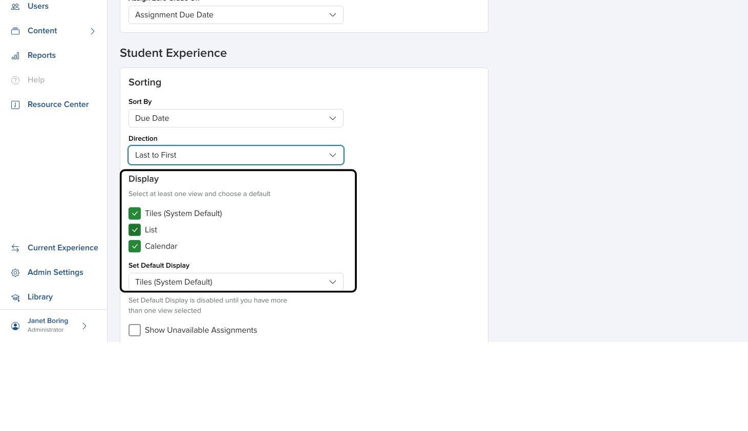 Create Course panel showing a rectangle highlighting display options for tile, list, and calendar views.