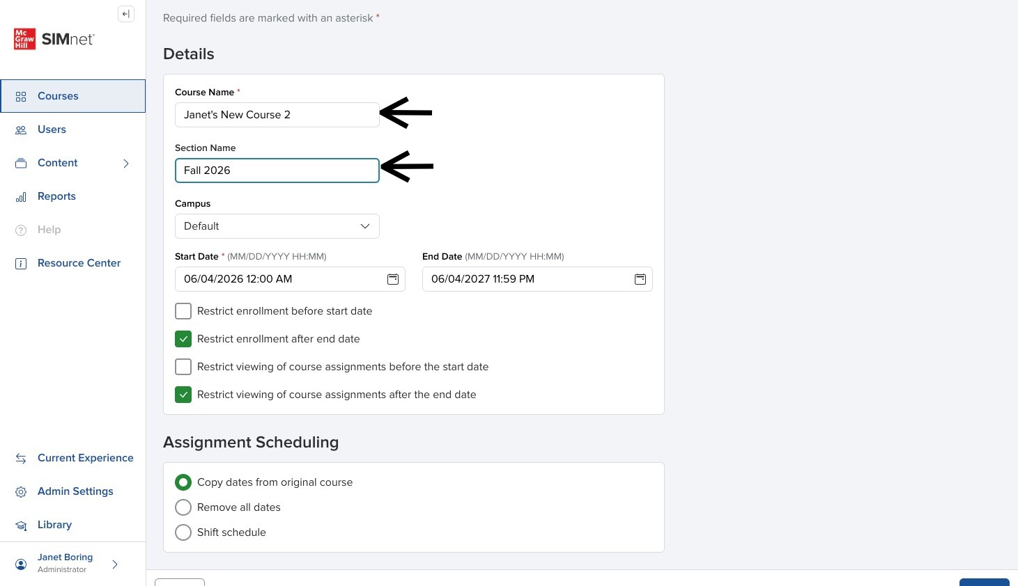 Copy Course form with arrows pointing to the Course Name and Section Name fields.