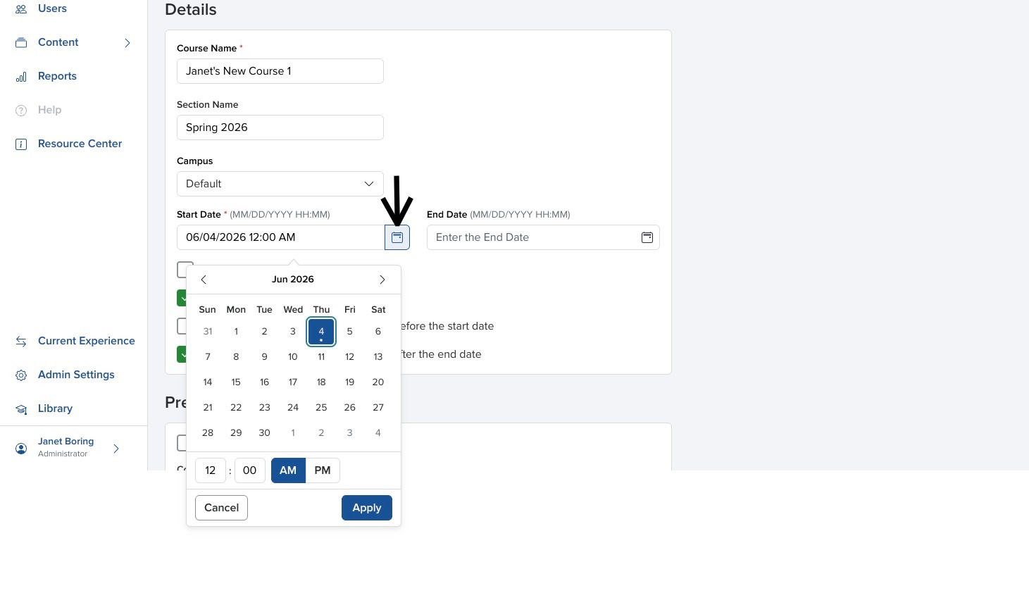 Create Course panel showing the start date calendar and Apply option with arrow pointing to the icon.