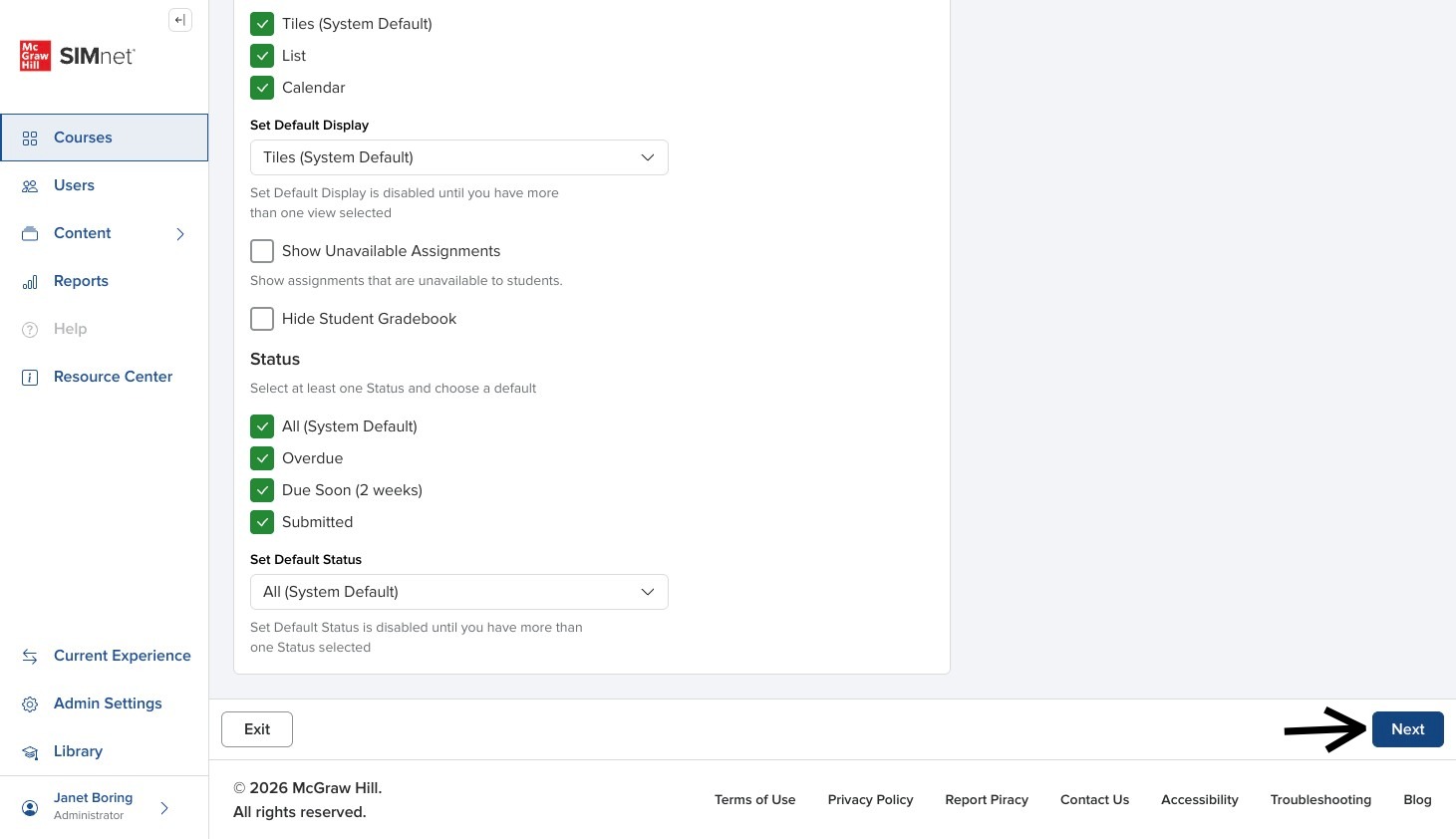 Create Course panel with the Next button to finish setup with arrow pointing to it.