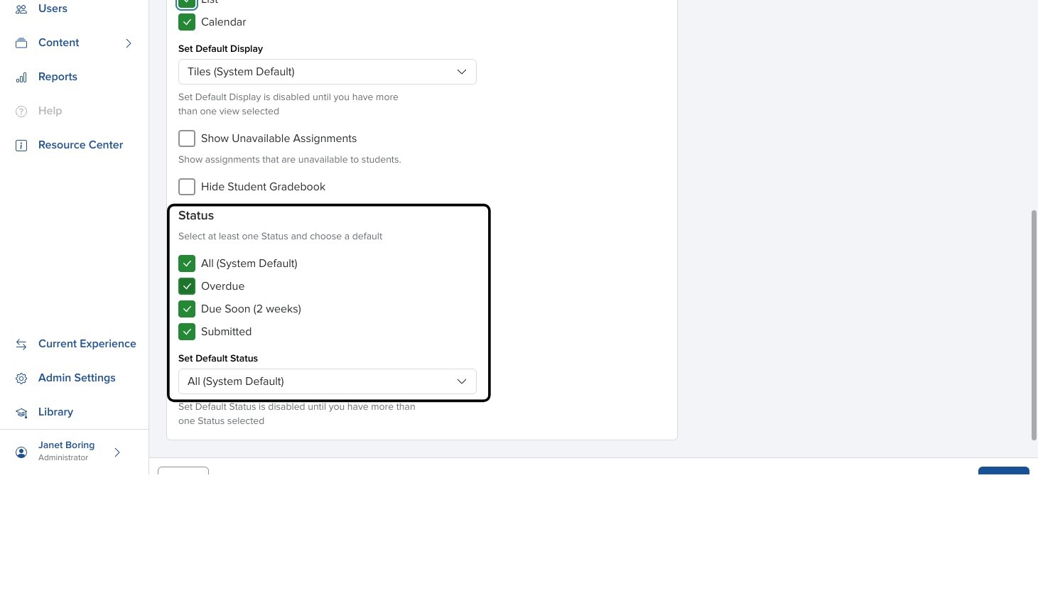 Create Course panel showing a rectangle highlighting assignment status filter options.