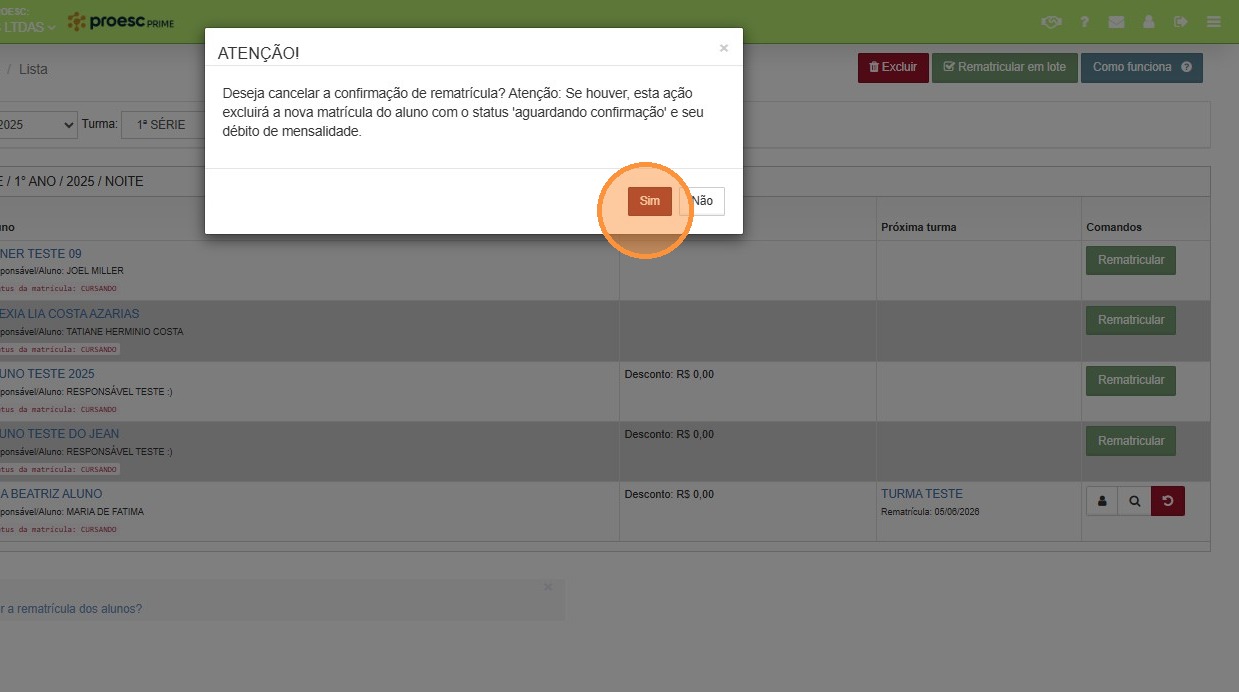 Confirmação para reverter a rematrícula