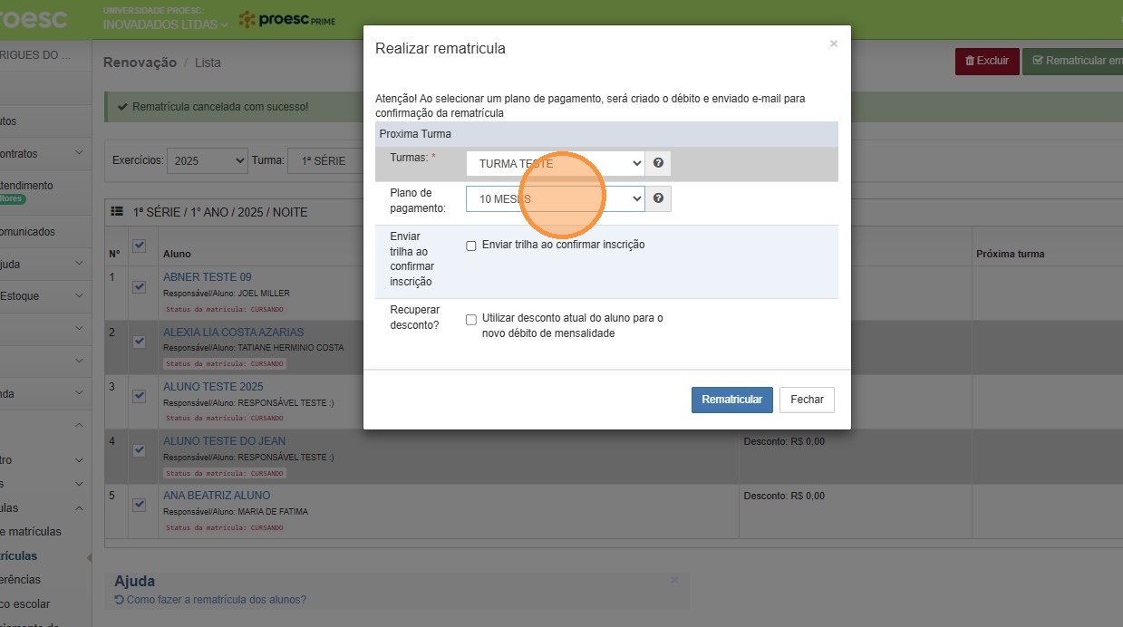 Configuração de turma e plano de pagamento para rematrícula em lote