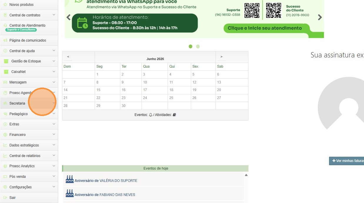Menu lateral com as opções Secretaria, Matrículas e Lista de Matrículas