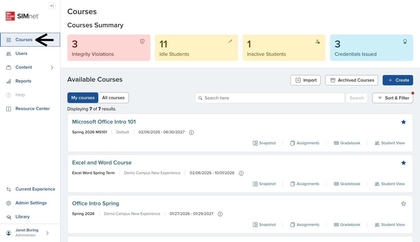 Courses List page in SIMnet with arrow pointing to Courses in the menu.