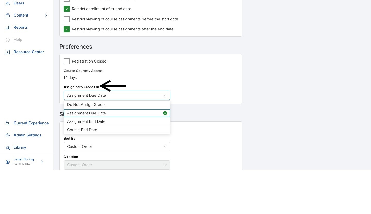 Create Course panel showing the zero grade timing options for assignments.with arrow pointing to them.