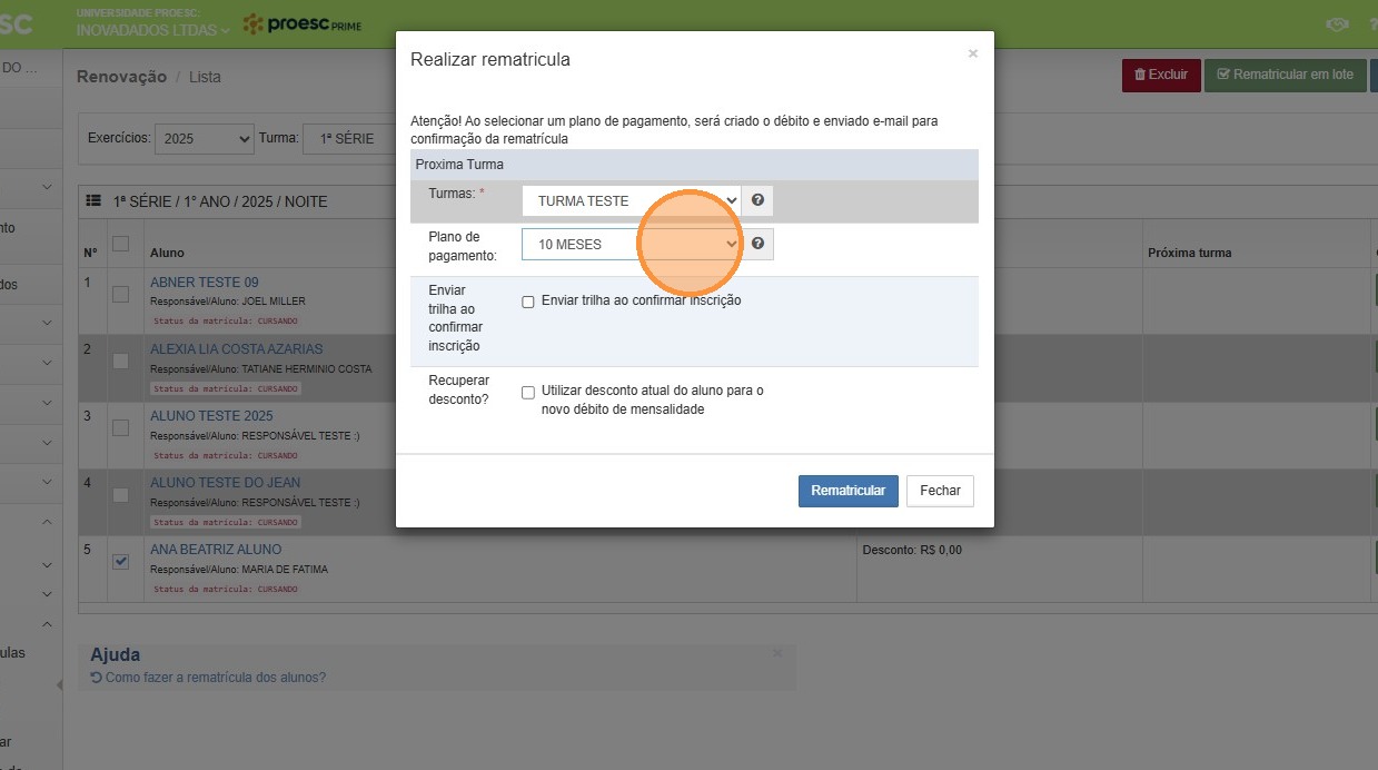 Configuração de turma de destino e plano de pagamento na rematrícula individual