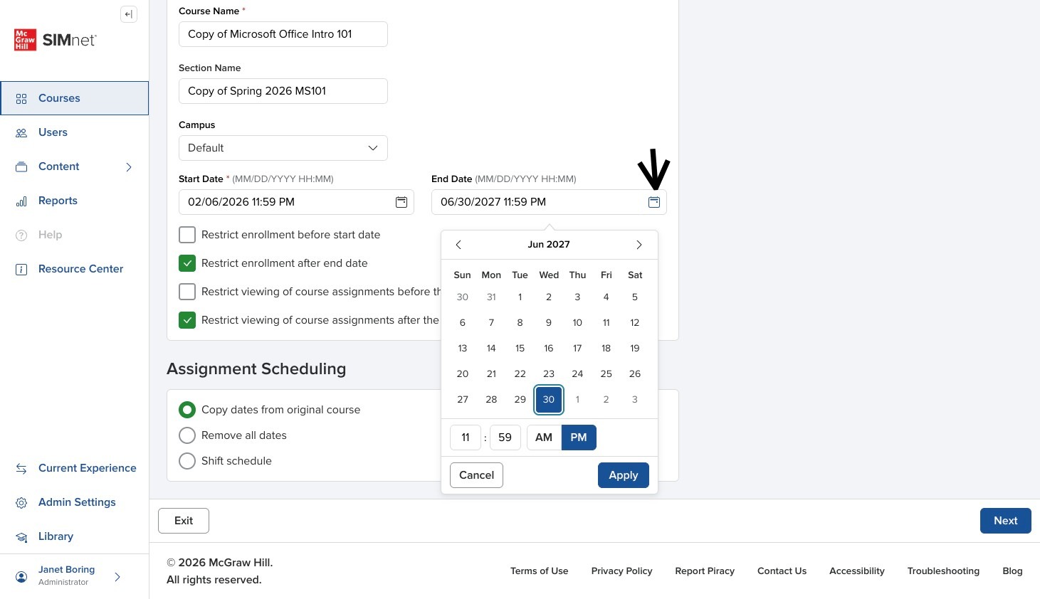 Copy Course form showing the end date setting with an arrow pointing to the end date calendar field.