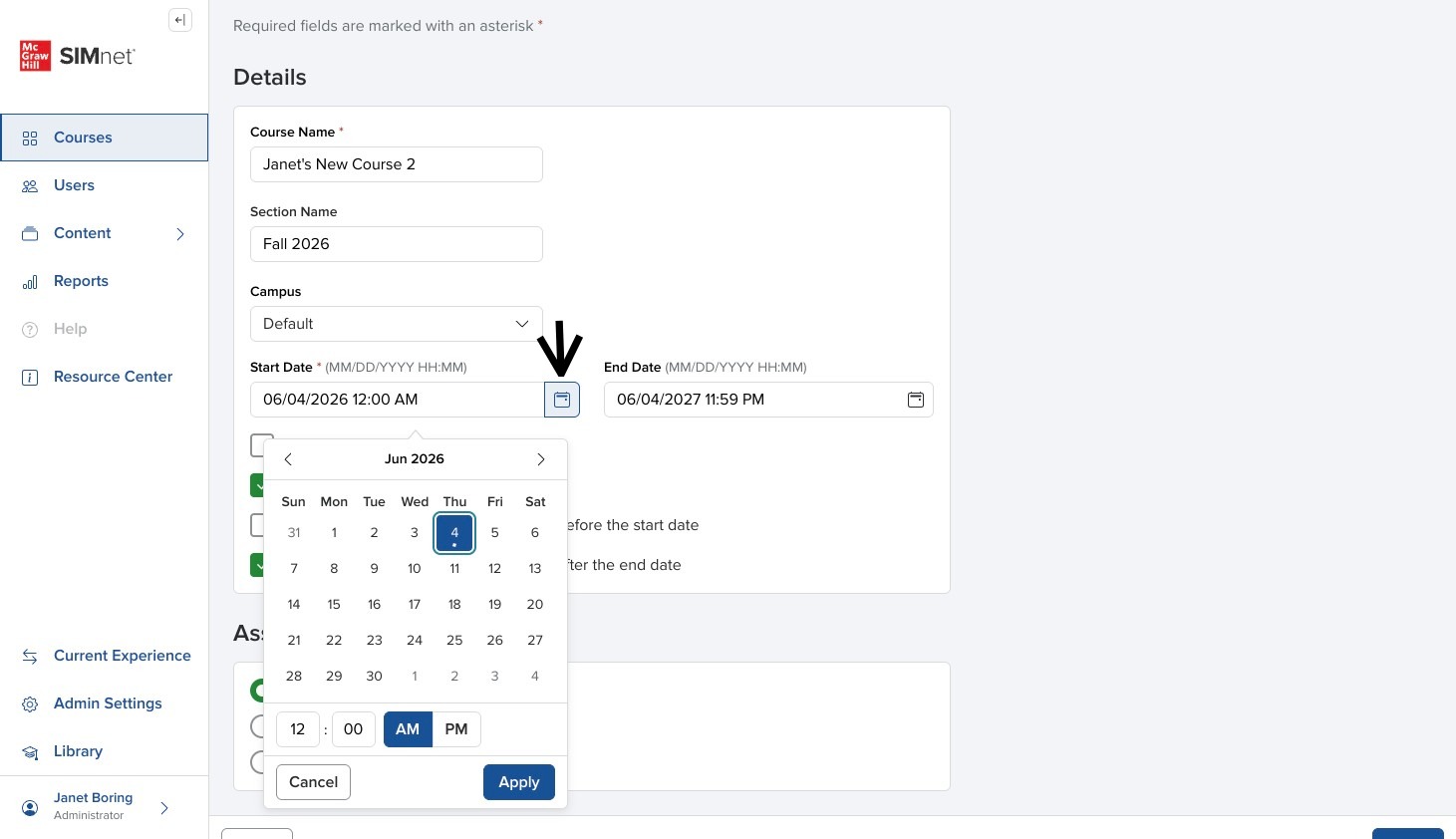 Copy Course form showing the date picker for course dates with an arrow pointing to the calendar control.