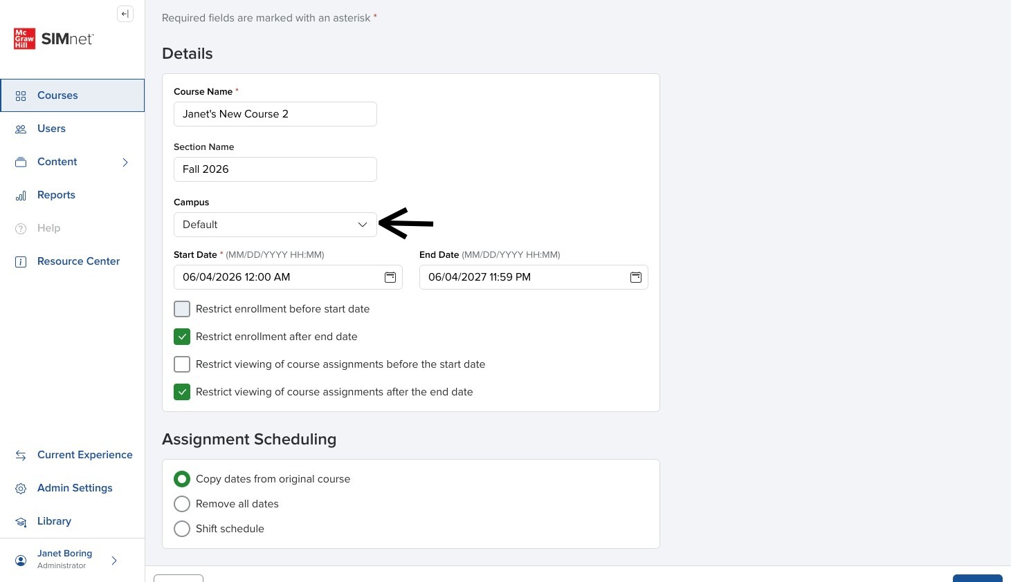 Copy Course form showing the campus dropdown with an arrow pointing to the campus selection field.