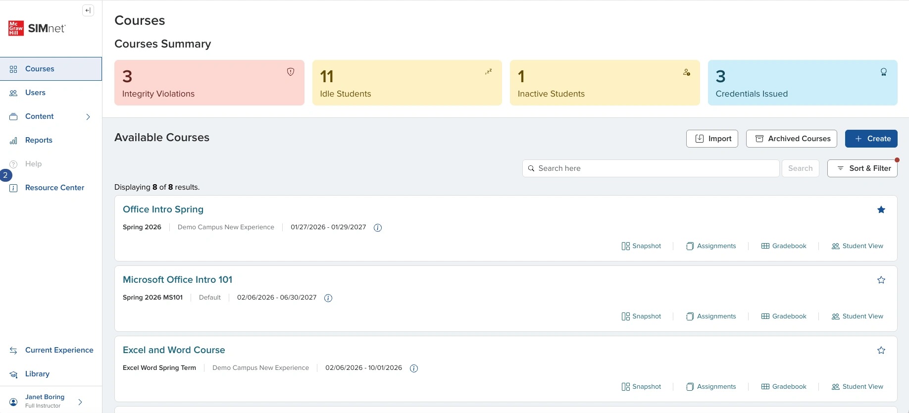 Courses list page in SIMnet with the Courses option highlighted in the left navigation.