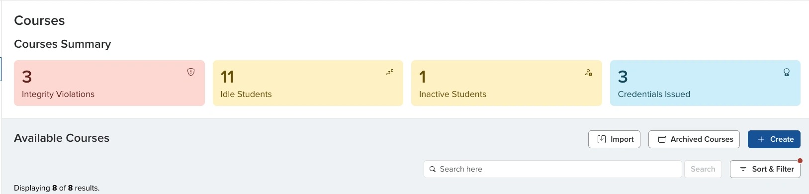 Courses list page showing the Courses Summary area with summary widgets.