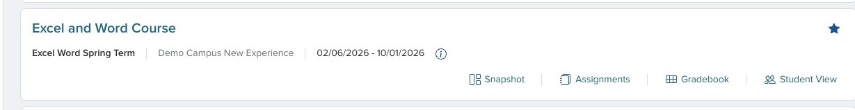 Course card showing course details and quick links to Snapshot, Assignments, Gradebook, and Student View.
