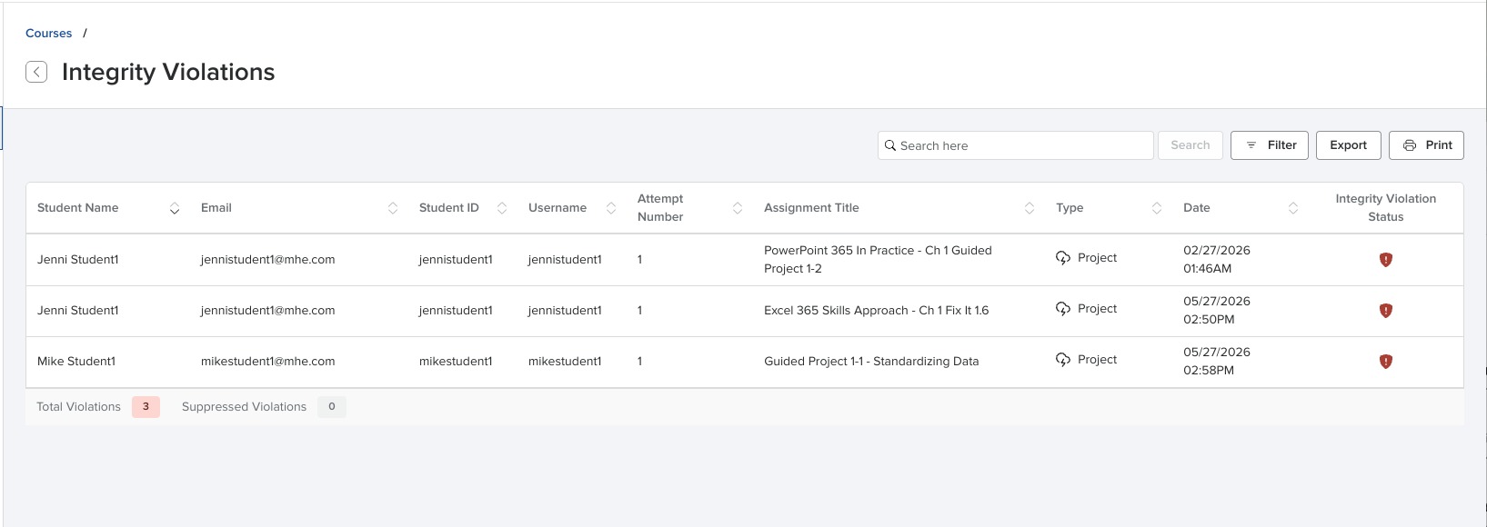 Integrity Violations Report with report details, actions, and a back arrow to return to the Courses list.