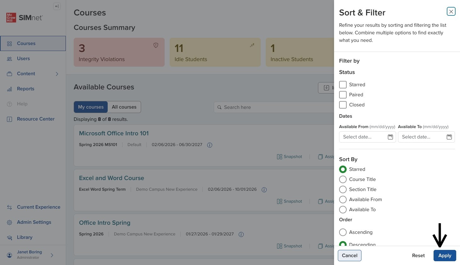 Courses list page showing the course search field and Sort and Filter options.