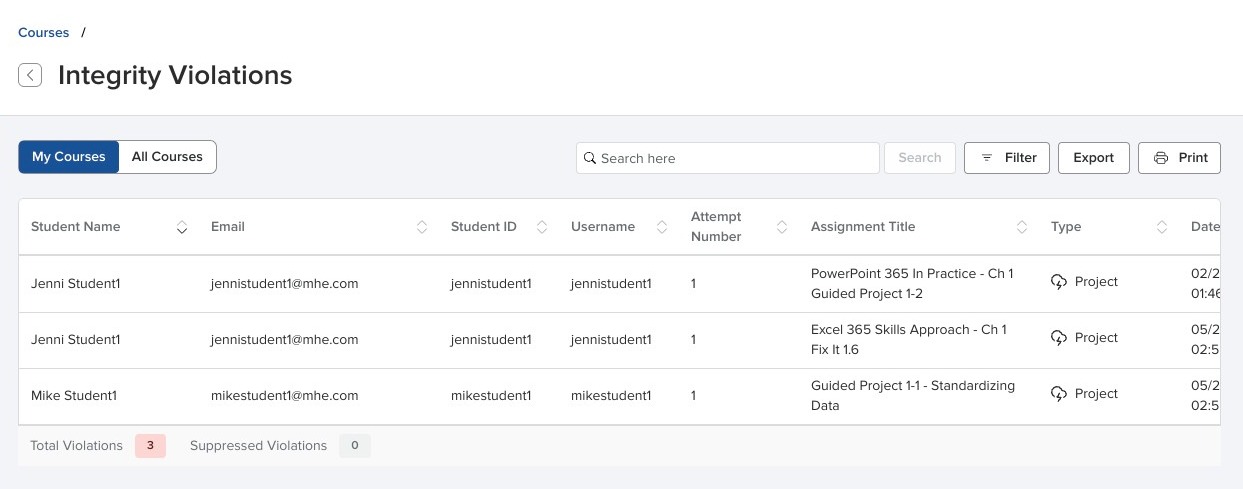 Report view showing the My courses and All courses toggle for administrators.