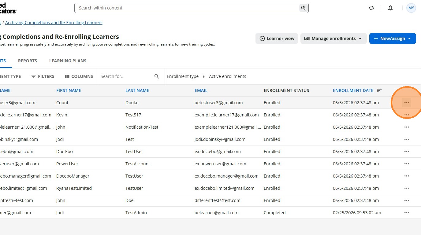 Learner Action Menu