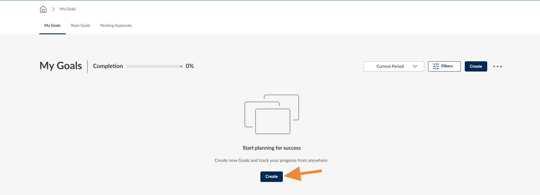 Cornerstone Goals page with the "Create" button highlighted, showing where employees select Create to add a new goal.
